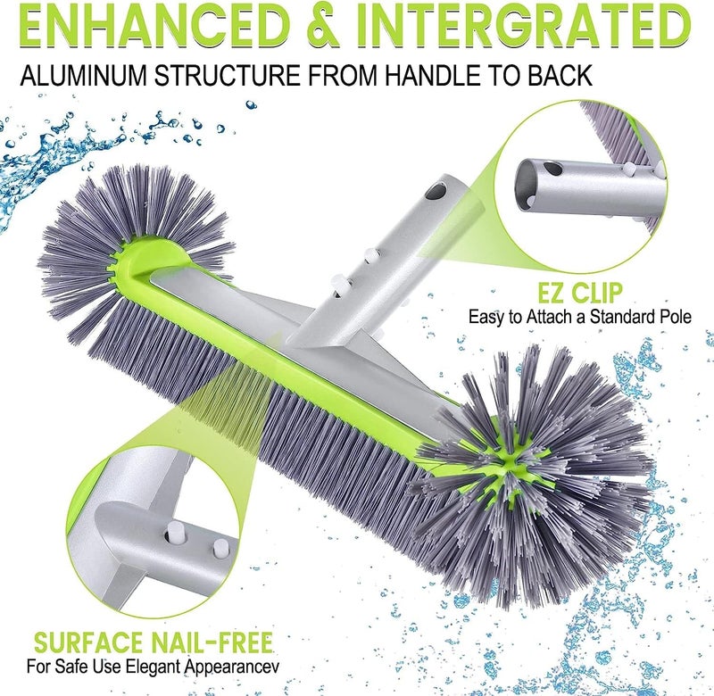 Unipool Professional Swimming Pool Brush Head with Round Ends,17.5" Heavy Duty Aluminum Back for Cleaning Pool Walls, 7 Rows Premium Nylon Bristles with EZ Clips (Green Grey) - Image 4